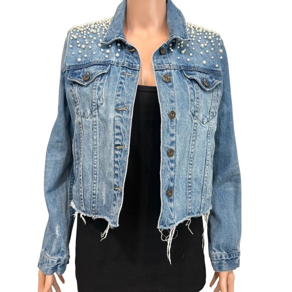 Sunset + Spring medium pearl embellished cropped denim jacket C2 3452